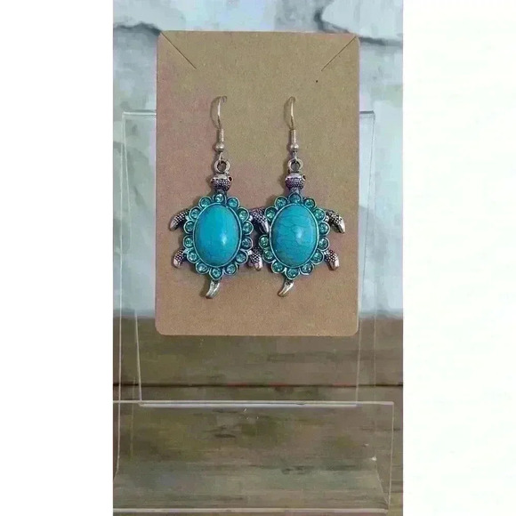 Silver Tone Turquois Turtle Earrings - Picture 2 of 4